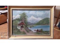 Oil painting plywood House on the lake shore