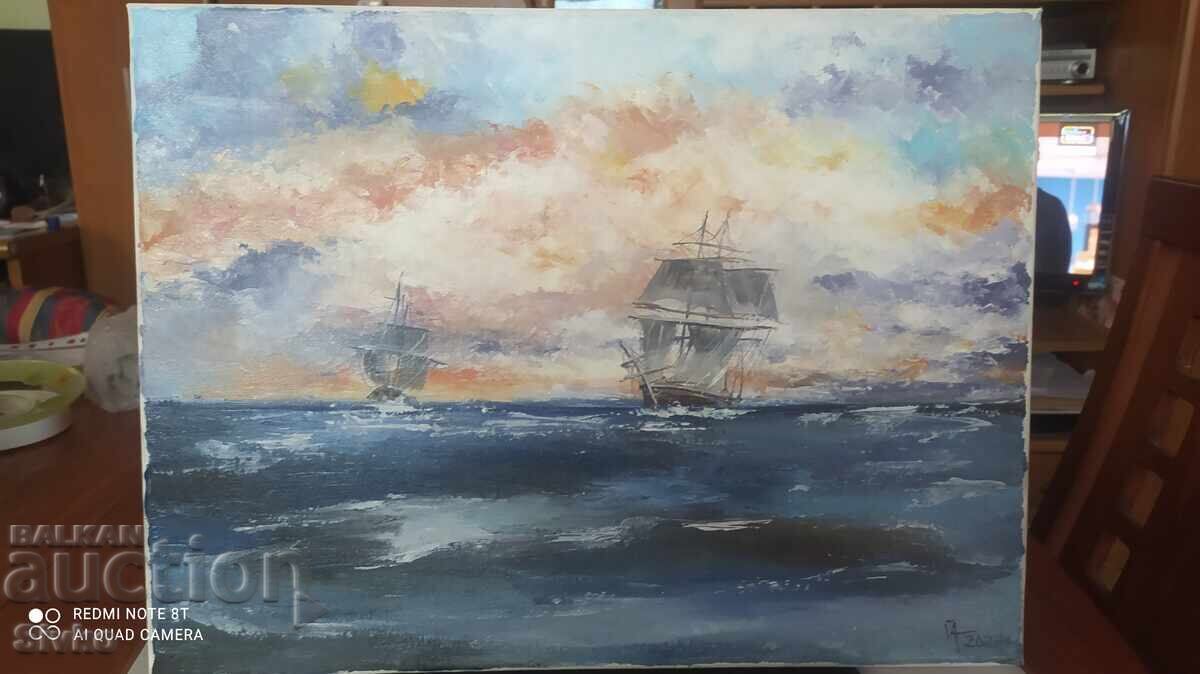 Painting, oil on canvas, On the way to new shores Painting, oil on canvas, On the way to new shores