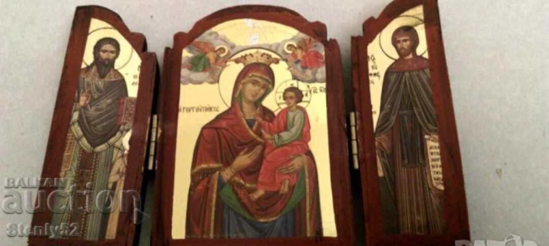 Three icons connected by straps. Three icons connected by straps.