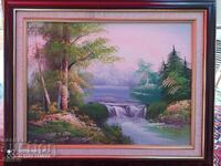 Painting oil canvas waterfall river