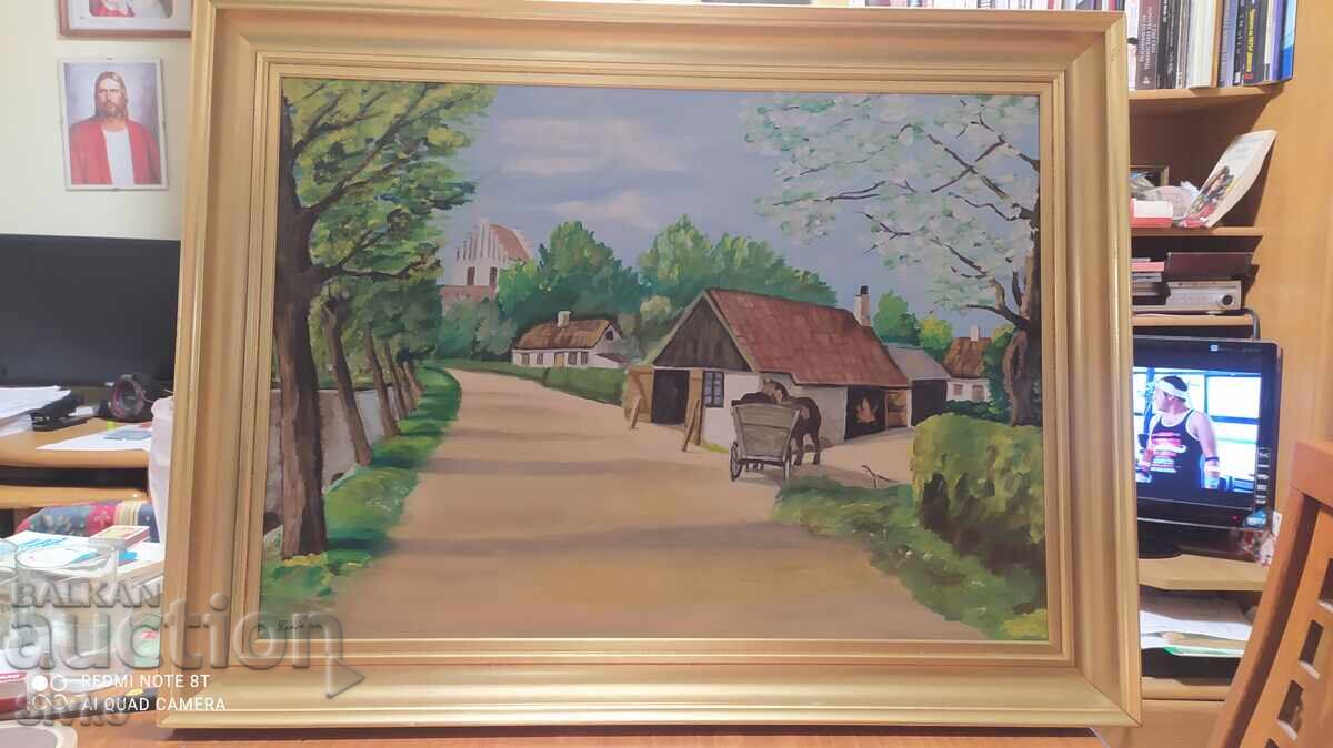 Painting oil canvas signature The road by the farm