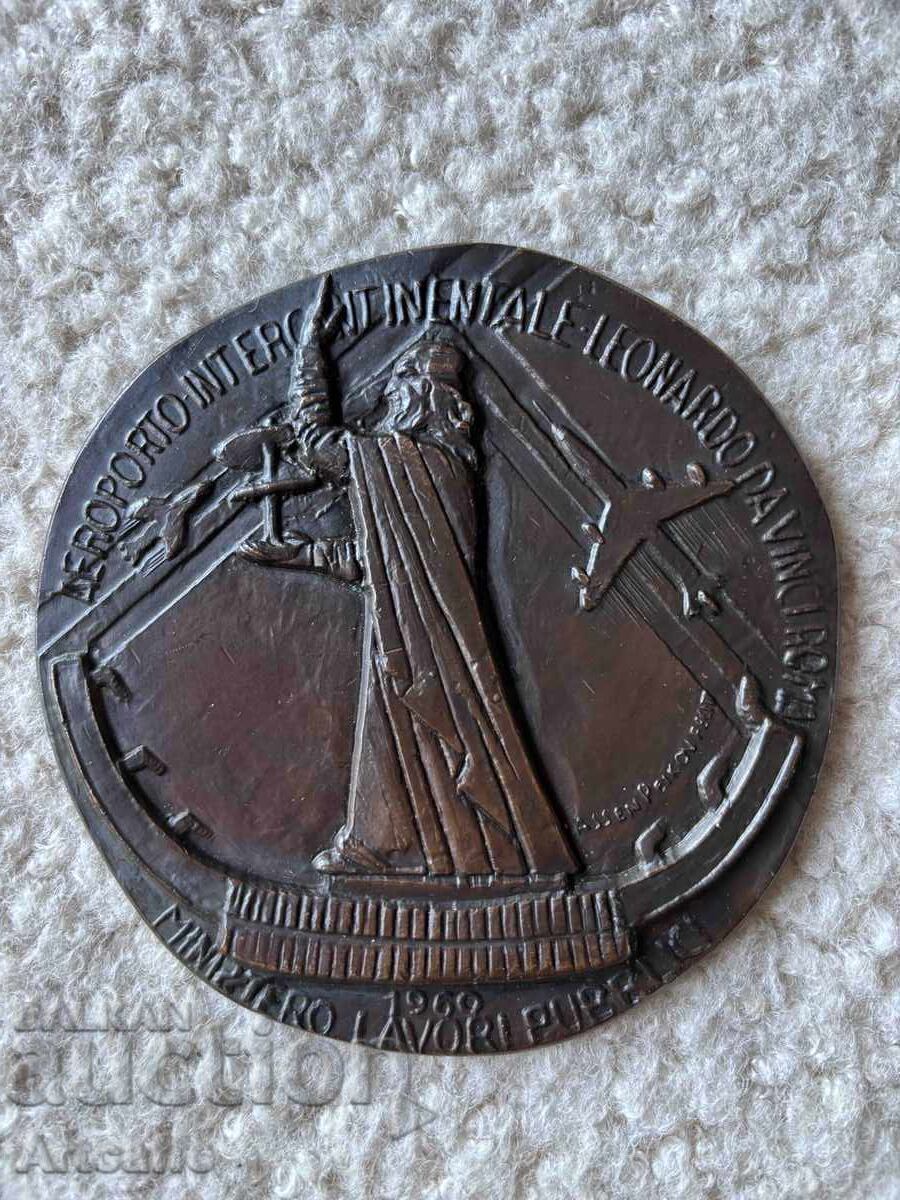 Bronze plaque Assen Peykov LEONARDO DA VINCI ROME 1960