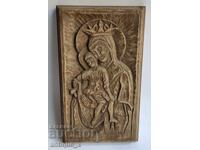 Icoană veche din lemn sculptată manual - Fecioara Maria cu Pruncul