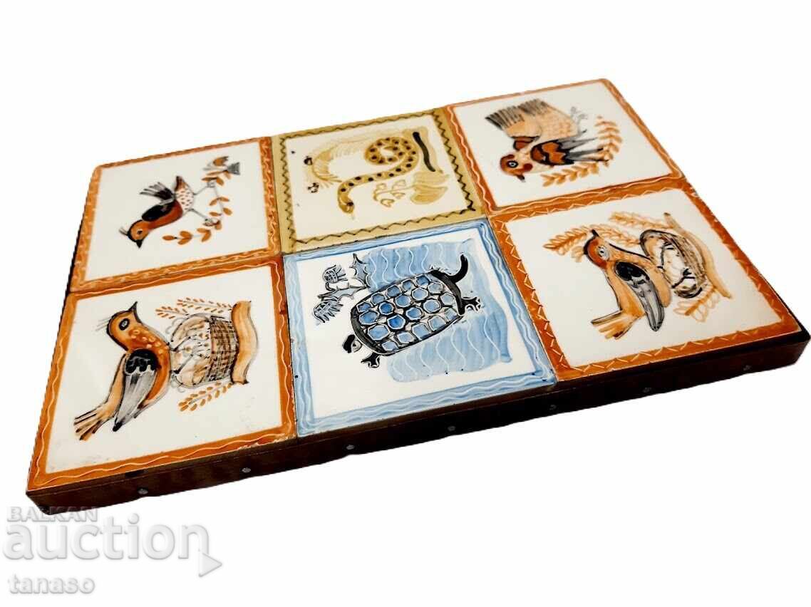 Hand-painted ceramic panel - 6 tiles on a wooden base - 5 Hand-painted ceramic panel - 6 tiles on a wooden base - 5