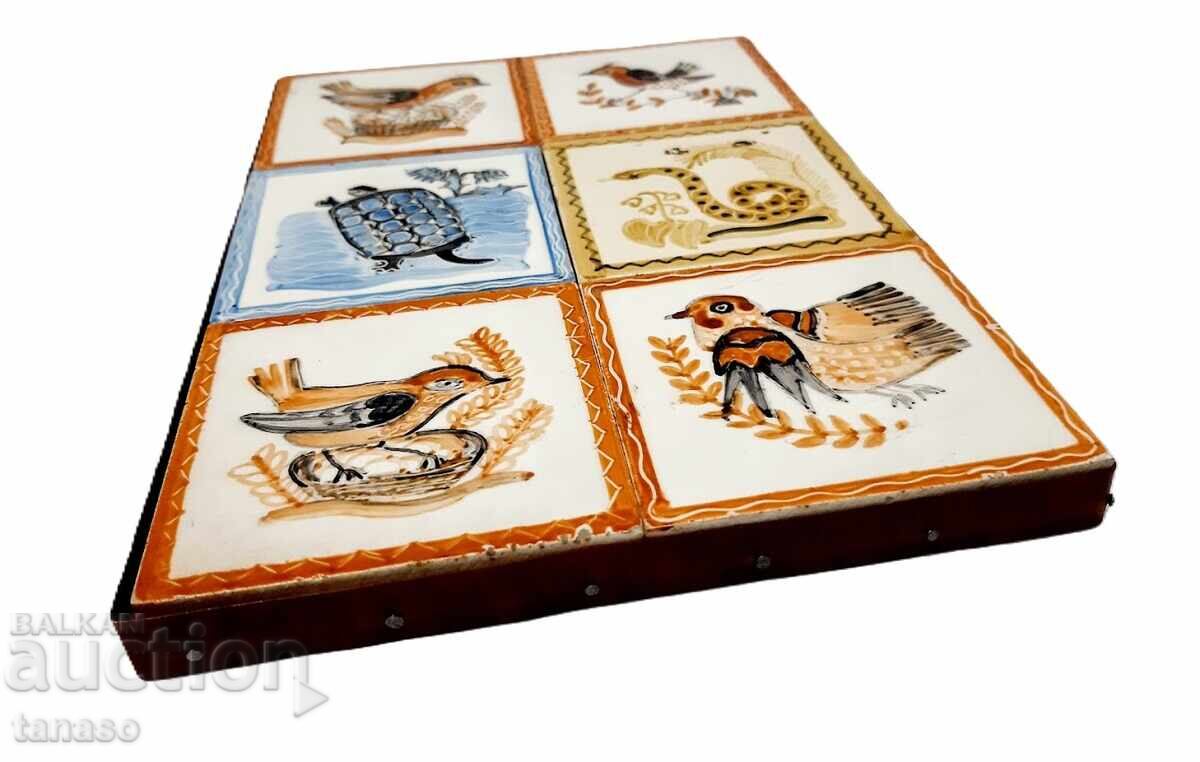 Hand-painted ceramic panel - 6 tiles on a wooden base - 6 Hand-painted ceramic panel - 6 tiles on a wooden base - 6