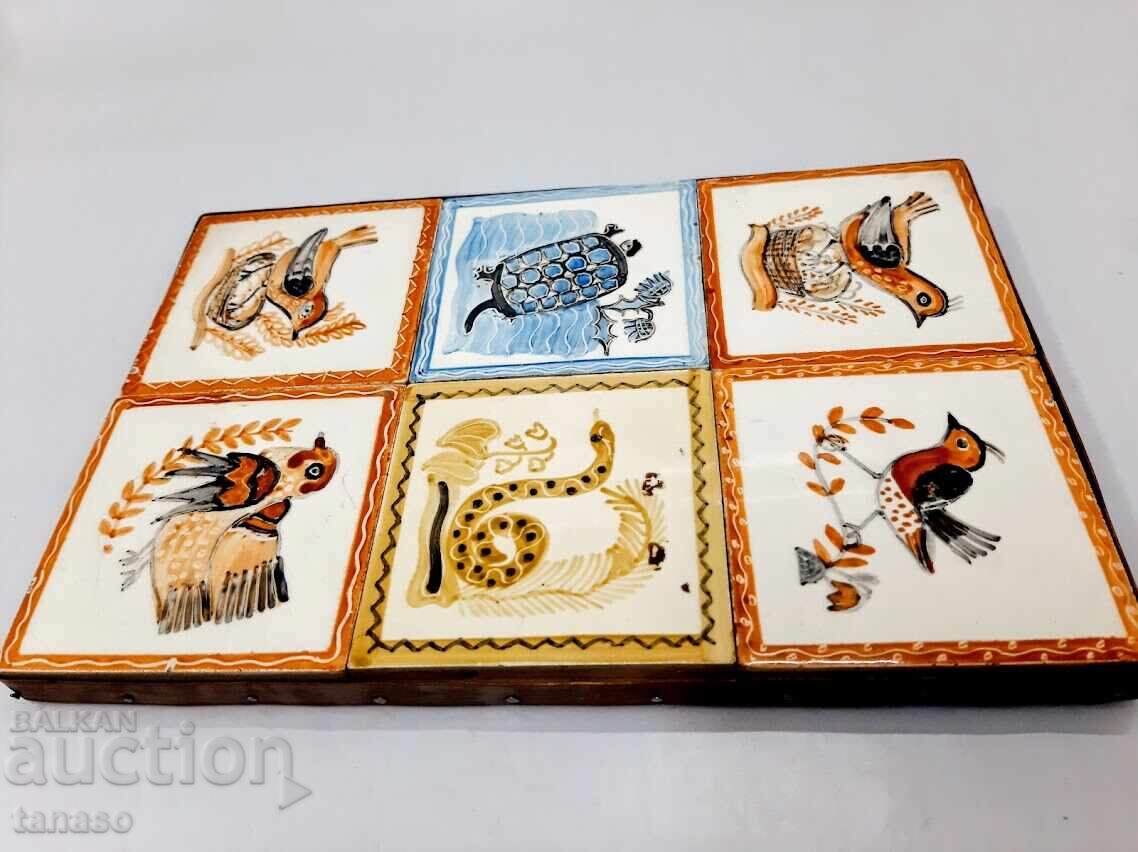 Hand-painted ceramic panel - 6 tiles on a wooden base - 7 Hand-painted ceramic panel - 6 tiles on a wooden base - 7