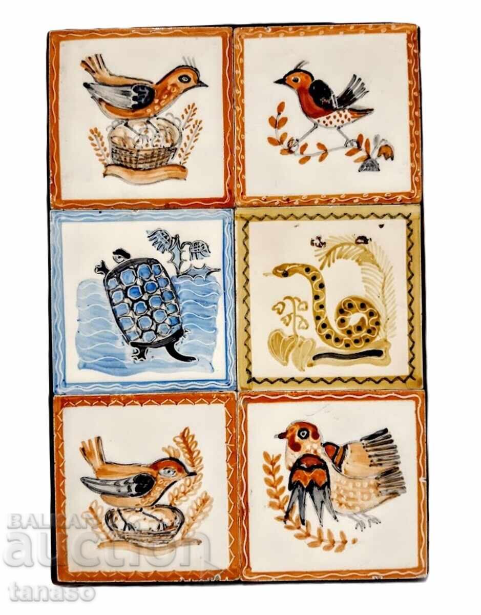Hand-painted ceramic panel - 6 tiles on a wooden base Hand-painted ceramic panel - 6 tiles on a wooden base