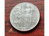 Italia 100 lire 1991 - partea inferioară a cifrei „9” nu este înșurubat