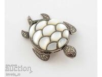 Silver brooch / locket turtle with mother-of-pearl and marcasite