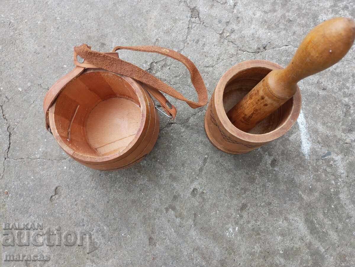 Old wooden mortar and pestle and souvenir barrel with price 17.00 BGN | € 8.69 Old wooden mortar and pestle and souvenir barrel with price 17.00 BGN | € 8.69