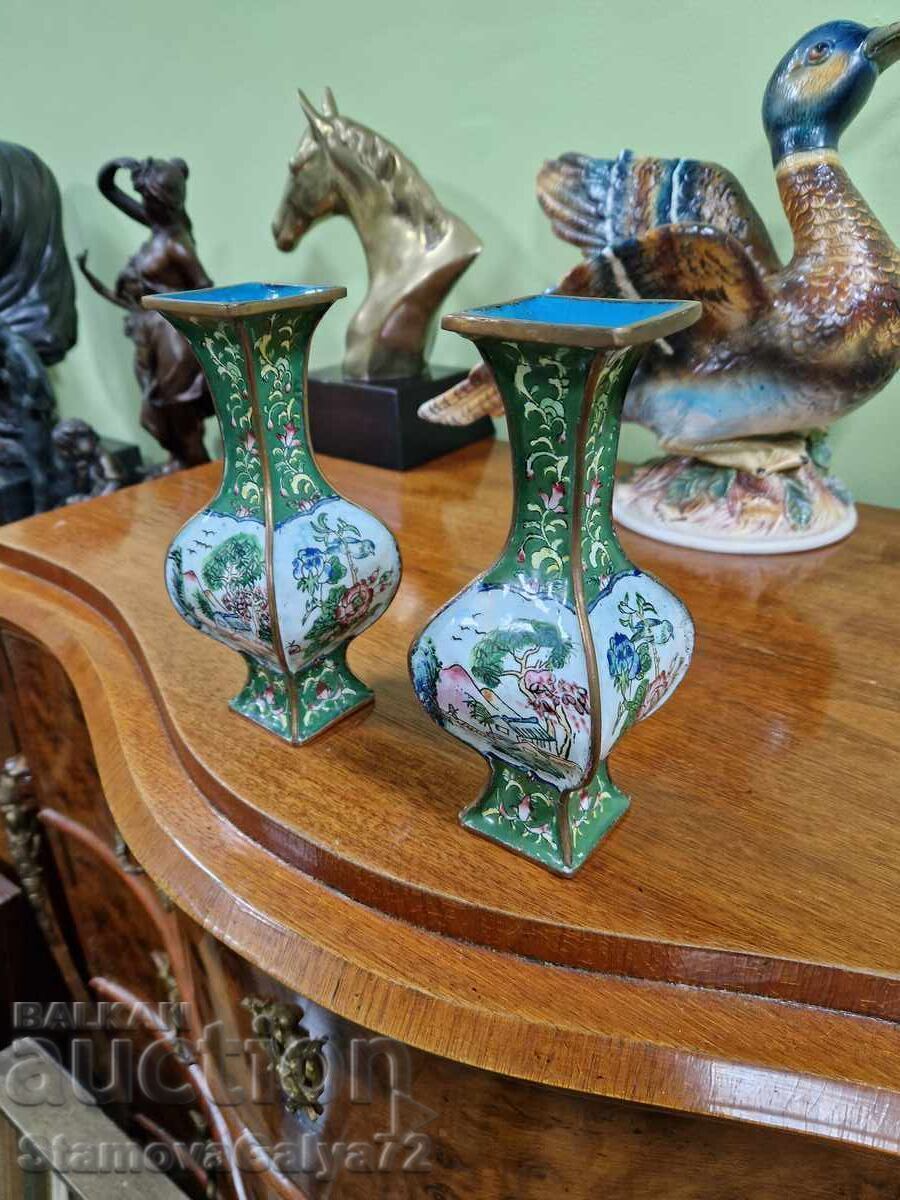 Ζευγάρι σπάνια αντίκες κινέζικα βάζα Cloisonne - Σημάδια - 5