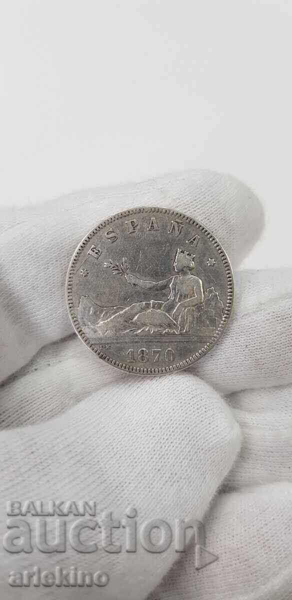 Collectible silver coin 2 pesetas 1870 Spain Collectible silver coin 2 pesetas 1870 Spain