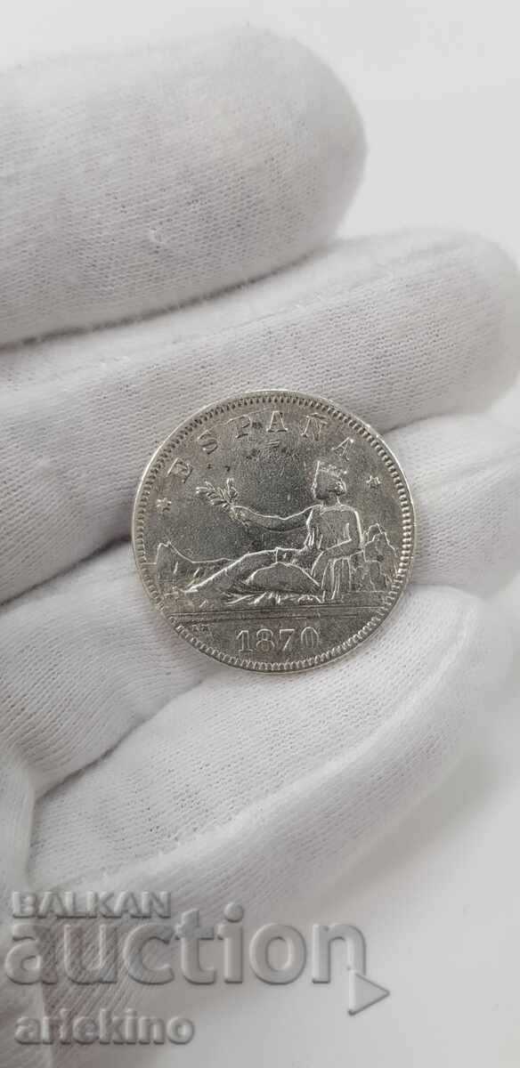 Collectible silver coin 2 pesetas 1870 Spain with price 55.00 BGN | € 28.12 Collectible silver coin 2 pesetas 1870 Spain with price 55.00 BGN | € 28.12