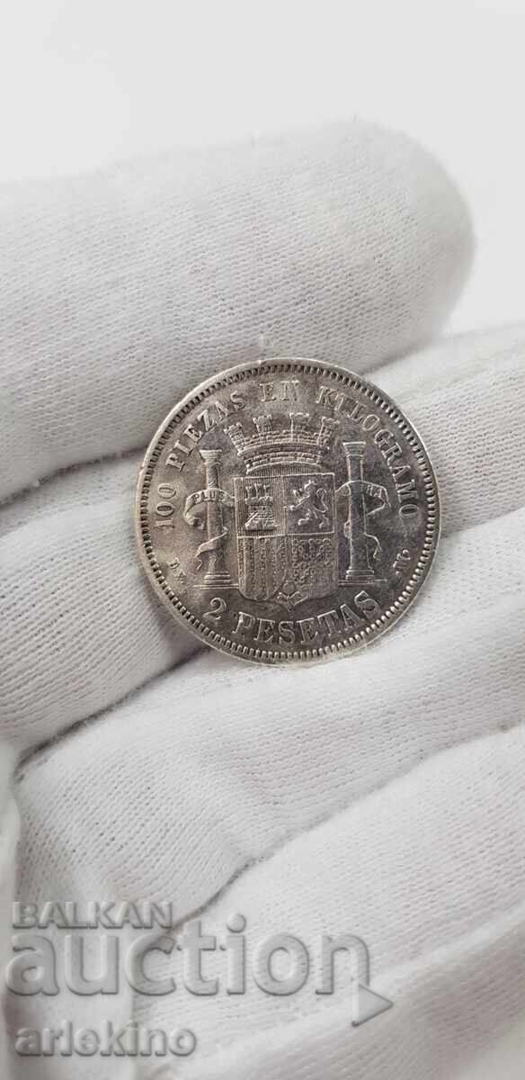 Collectible silver coin 2 pesetas 1870 Spain Collectible silver coin 2 pesetas 1870 Spain
