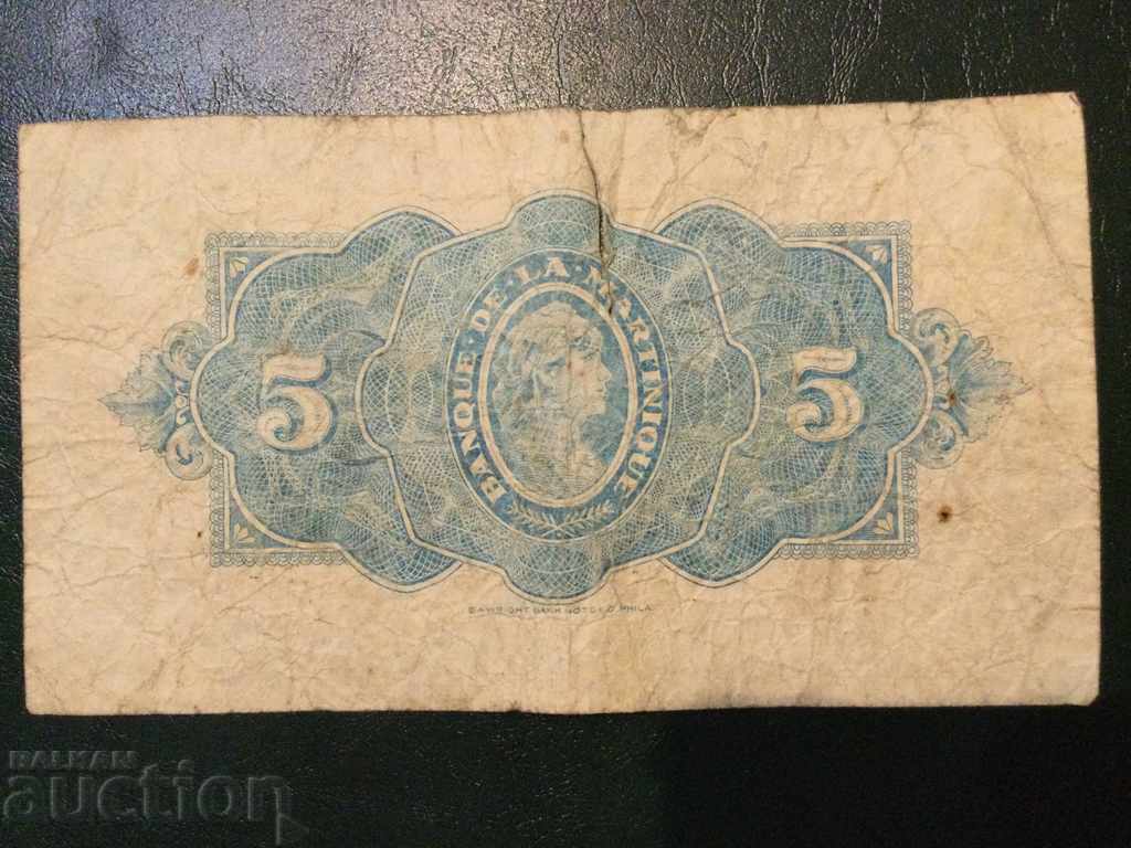 Martinique 5 francs 1942 French colony World War II P-16b with price 320.00 BGN | € 163.61 Martinique 5 francs 1942 French colony World War II P-16b with price 320.00 BGN | € 163.61
