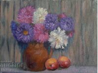 Painting, asters and apples, flowers, still life.