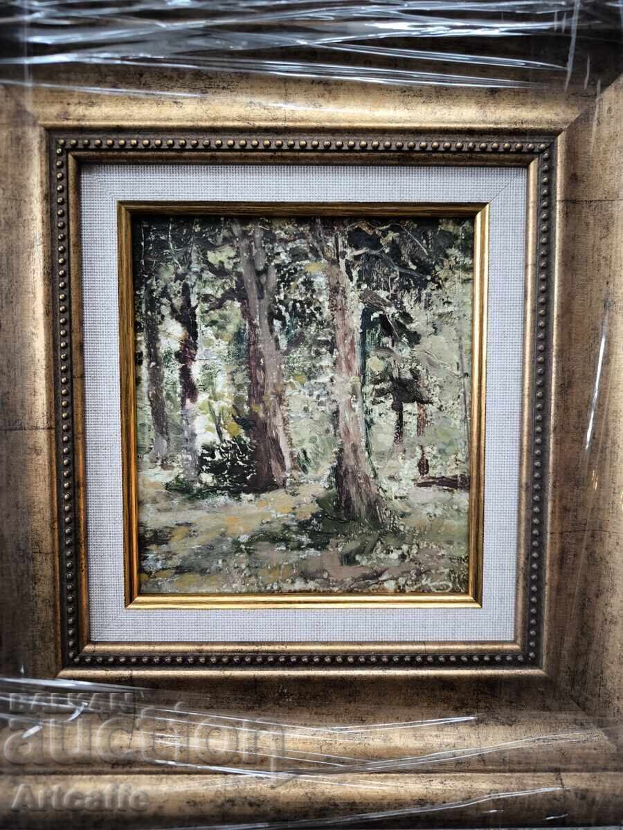 Evgeni Tomov-Peisaj forestier, ulei, semnat cu preț € 200.00 | 391.17 BGN