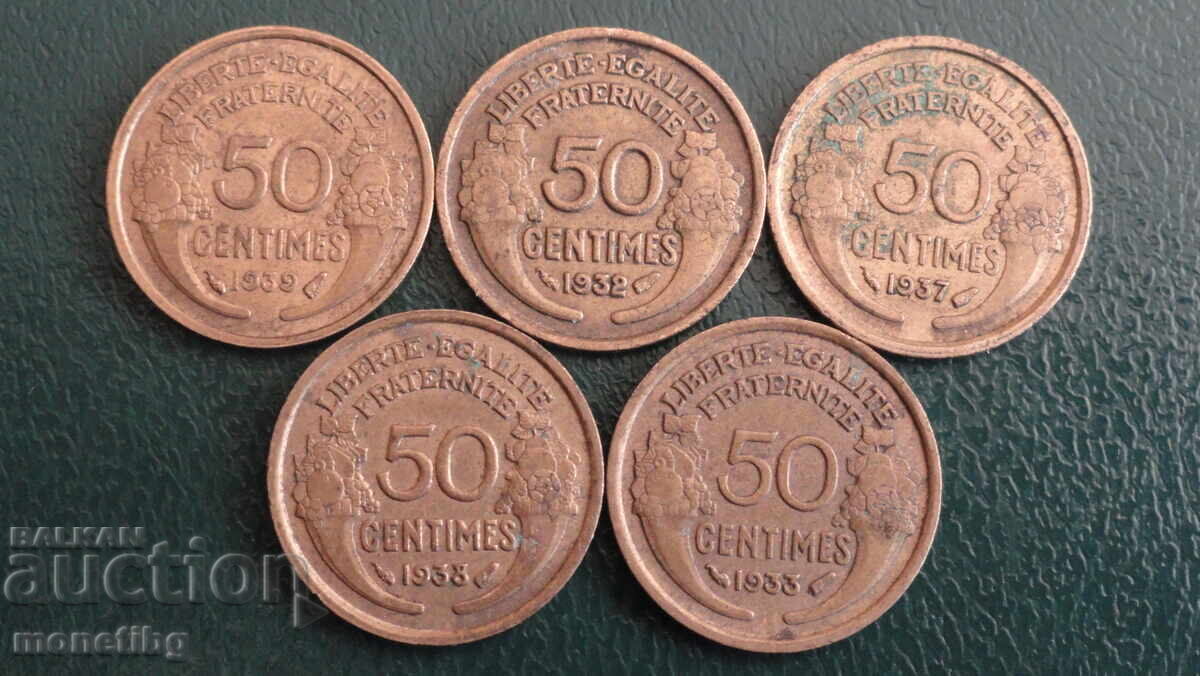 Auction France 1932-39 - 50 centimes (5 pieces) Auction France 1932-39 - 50 centimes (5 pieces)