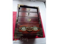 OLD MAHOGANY JEWELRY BOX WITH BRONZE AND MOTHER OF PEARL HARDWARE