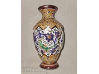 Old small copper embossed enameled hand-painted vase