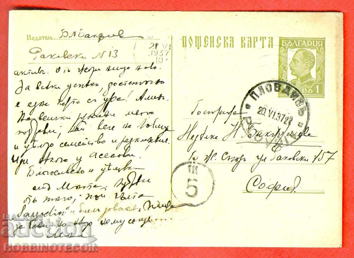 TRAVEL CARD PLOVDIV - SOFIA - 1937 TRAVEL CARD PLOVDIV - SOFIA - 1937