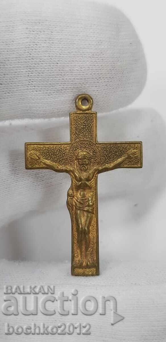 Cruce veche de colecție a lui Isus Hristos din bronz aurit, secolul XX