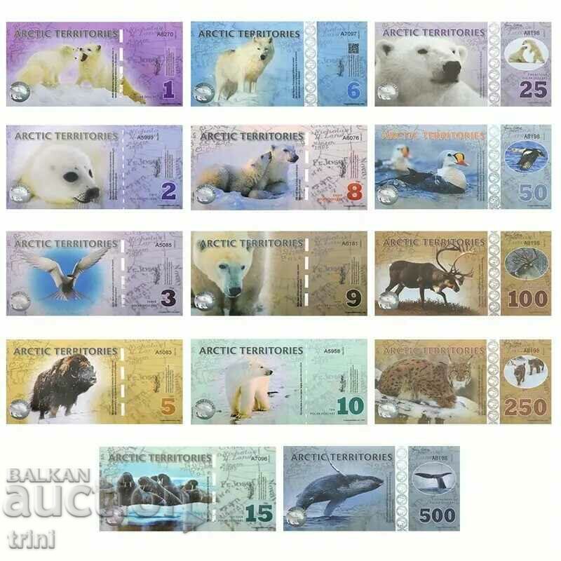 Set of 14 fantasy banknotes from the Arctic territories Set of 14 fantasy banknotes from the Arctic territories