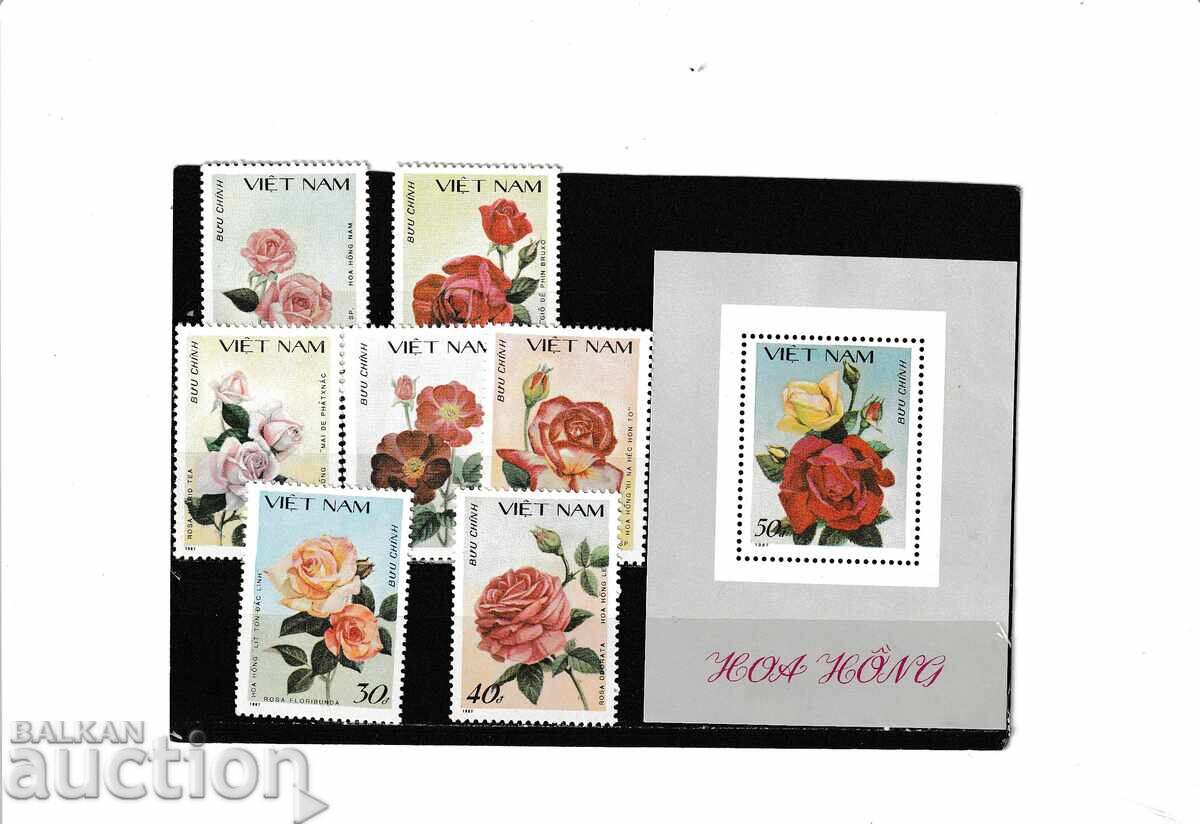 Vietnam - 1987 Flowers ROSES - 7 Mar.+ bl. clean Vietnam - 1987 Flowers ROSES - 7 Mar.+ bl. clean