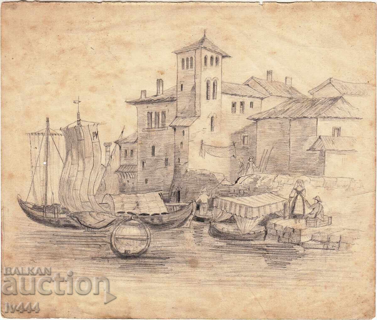 NIKOLA TANEV? GRAFICĂ/DESEN VECHI - PORT FRANCEZ
