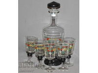 Decantor lucrat manual/set de cinci pahare din sticlă pictată