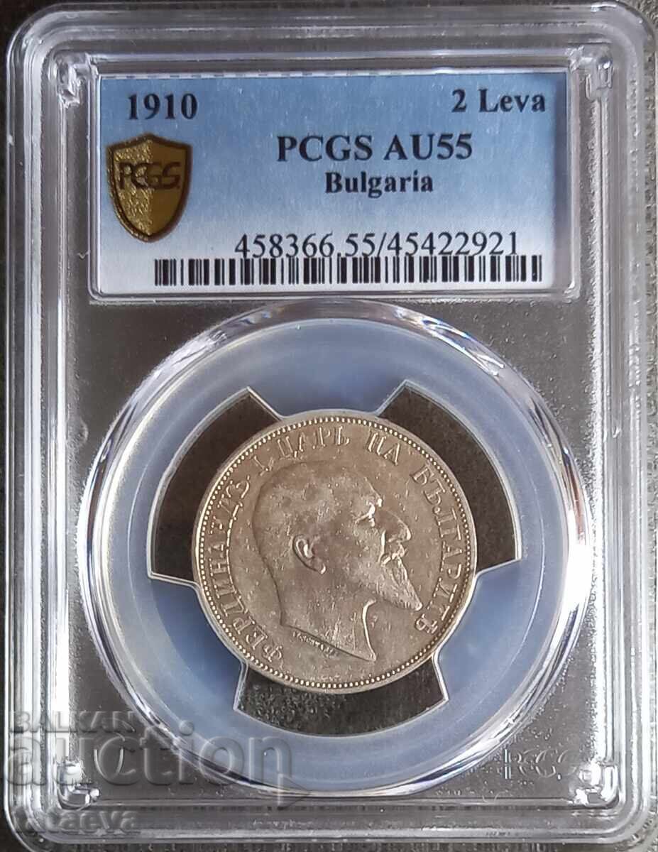 2 leva AU55, PCGS, 1910, Citiți descrierea. 2 leva AU55, PCGS, 1910, Citiți descrierea.