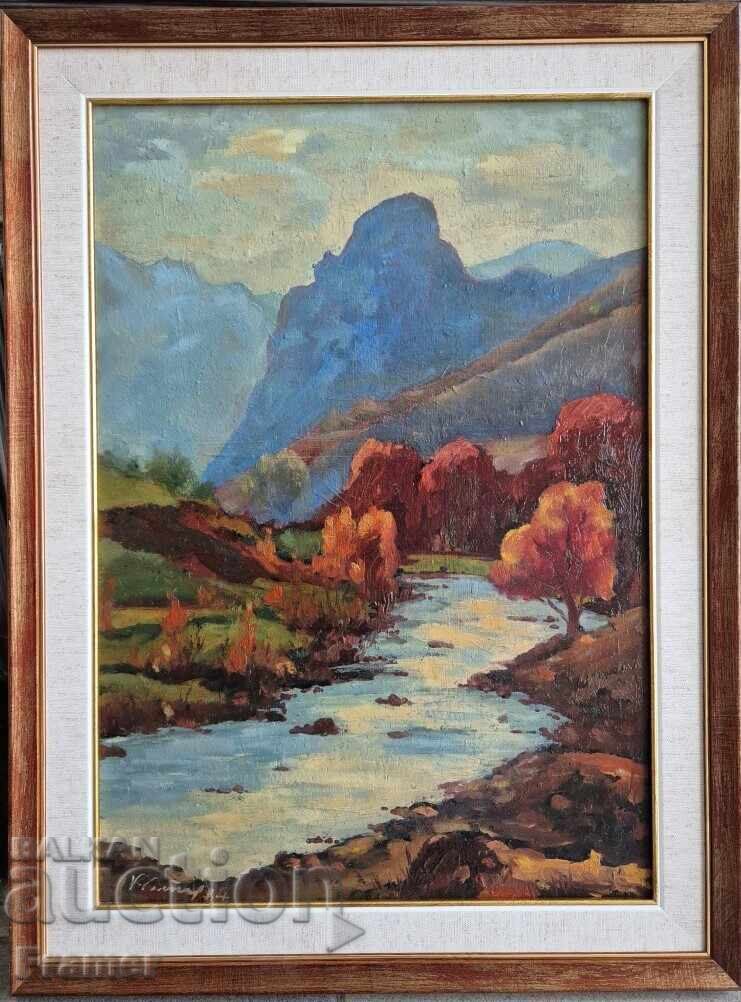 G. Gatev Sunset in the Rhodope Mountains landscape 1984 painting oil paints G. Gatev Sunset in the Rhodope Mountains landscape 1984 painting oil paints