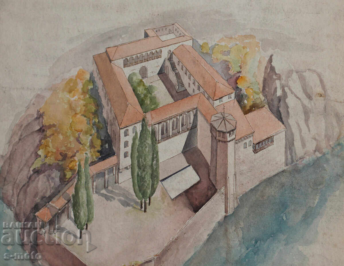 Pictura veche acuarela peisaj Manastirea Rila cu preț 320.00 BGN | € 163.61 Pictura veche acuarela peisaj Manastirea Rila cu preț 320.00 BGN | € 163.61