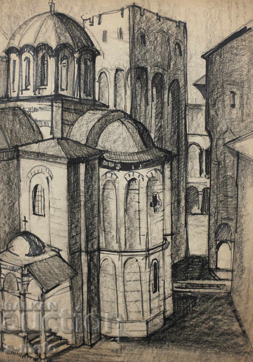 Auction Vintage charcoal drawing landscape church Auction Vintage charcoal drawing landscape church