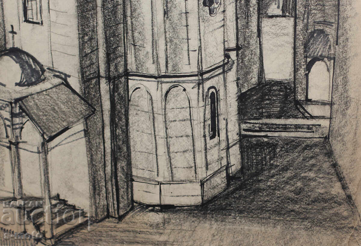 Vintage charcoal drawing landscape church - 7 Vintage charcoal drawing landscape church - 7