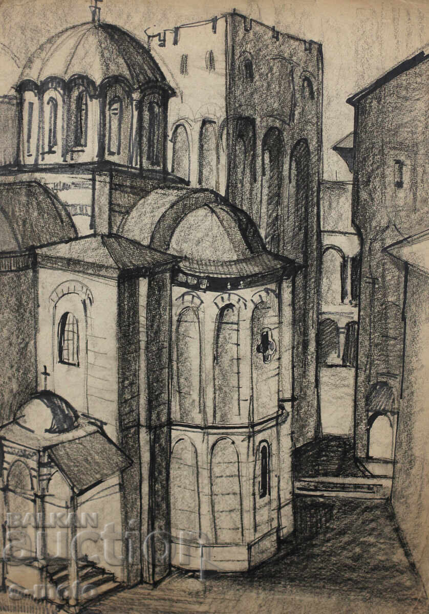 Vintage charcoal drawing landscape church Vintage charcoal drawing landscape church