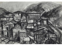 Παλιό σχέδιο τοπίων με ακουαρέλα/παστέλ