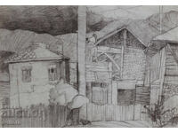 Desen pastel vechi al unui peisaj rural