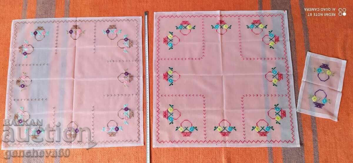 Two squares of hand embroidery, tulle, "Baskets" Two squares of hand embroidery, tulle, "Baskets"