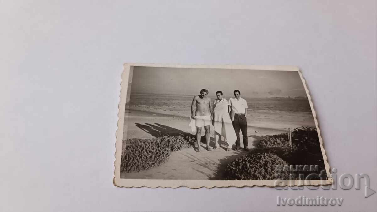 Φωτογραφία Τρεις νεαροί άνδρες σε μονοπάτι προς την παραλία Φωτογραφία Τρεις νεαροί άνδρες σε μονοπάτι προς την παραλία