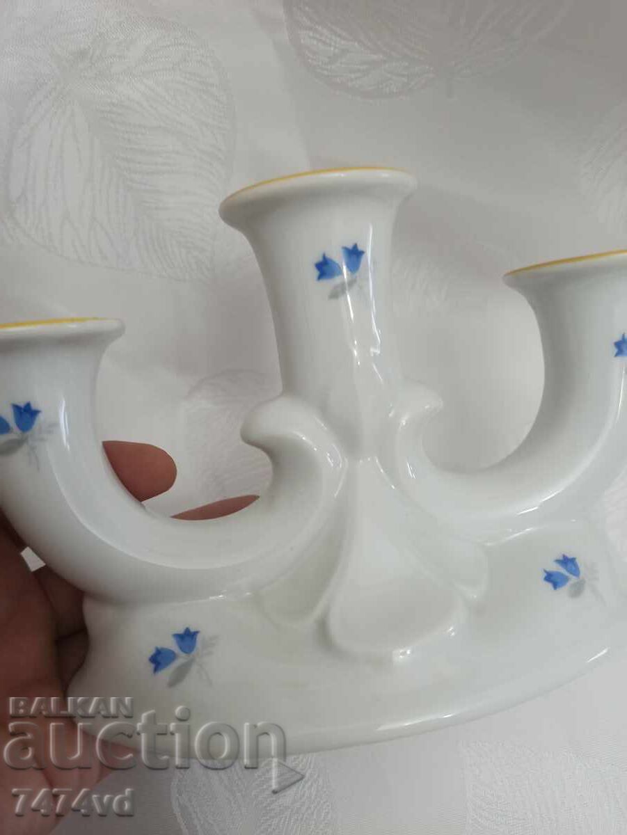 Auction BRAND NEW PORCELAIN STYLISH TRIPLE CANDLEHOLDER WITH SMALL BLUE FLOWERS Auction BRAND NEW PORCELAIN STYLISH TRIPLE CANDLEHOLDER WITH SMALL BLUE FLOWERS