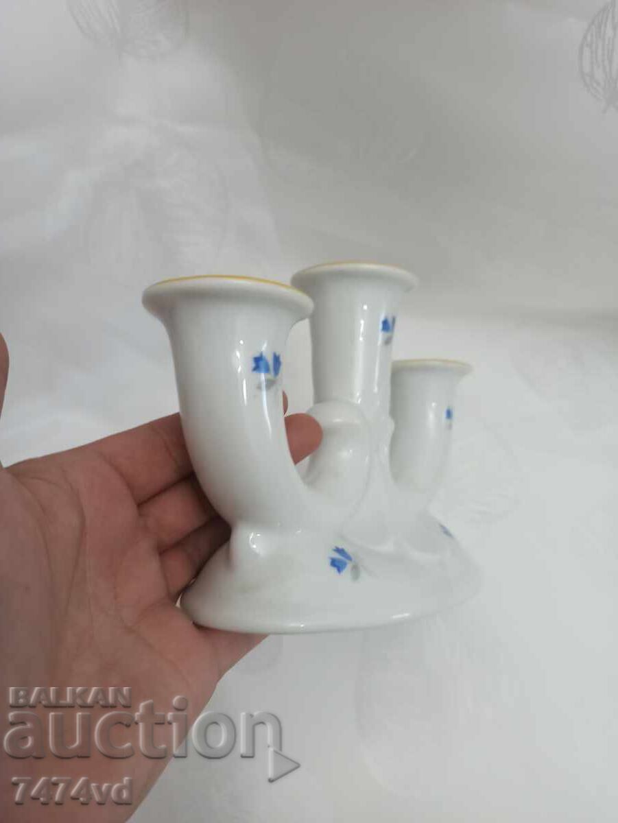 BRAND NEW PORCELAIN STYLISH TRIPLE CANDLEHOLDER WITH SMALL BLUE FLOWERS - 5 BRAND NEW PORCELAIN STYLISH TRIPLE CANDLEHOLDER WITH SMALL BLUE FLOWERS - 5