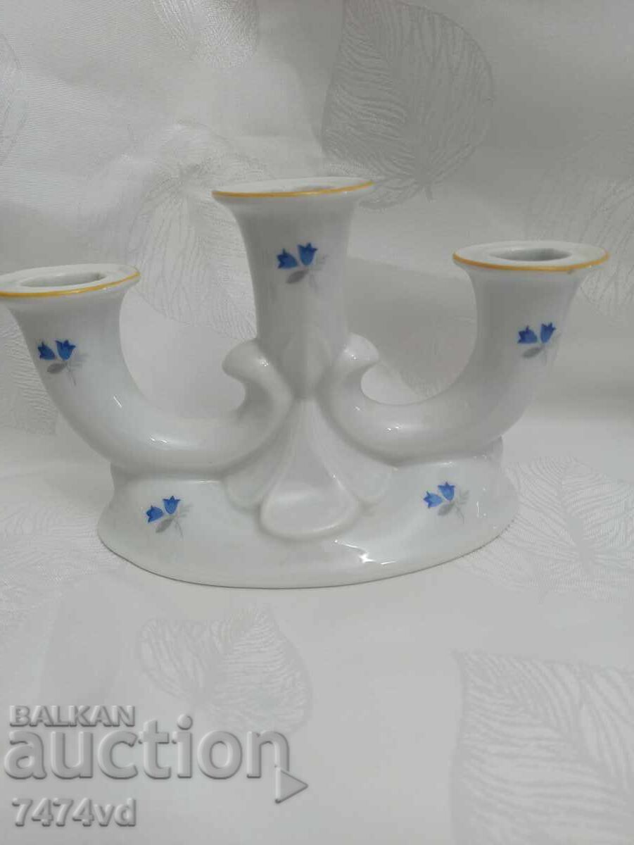 BRAND NEW PORCELAIN STYLISH TRIPLE CANDLEHOLDER WITH SMALL BLUE FLOWERS BRAND NEW PORCELAIN STYLISH TRIPLE CANDLEHOLDER WITH SMALL BLUE FLOWERS