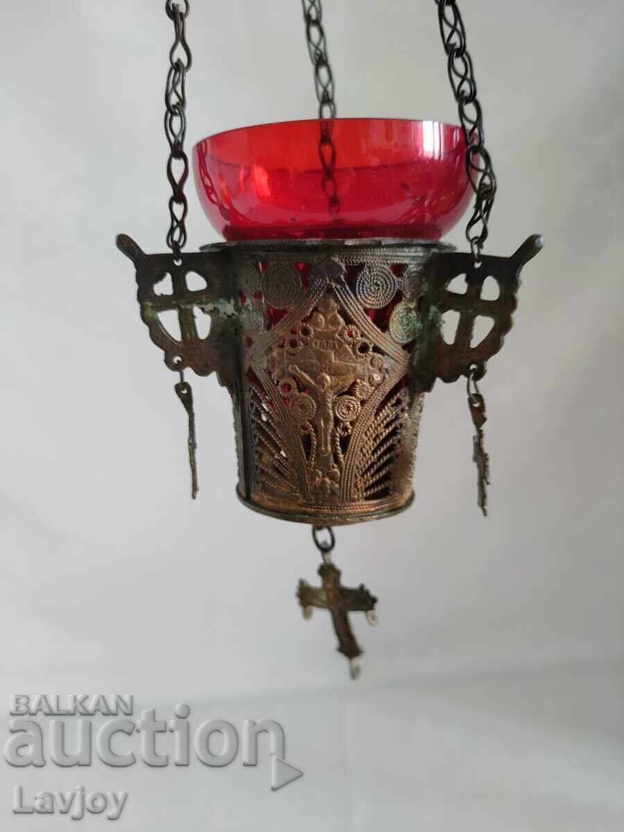 Auction Homemade bronze lamp with red glass Auction Homemade bronze lamp with red glass