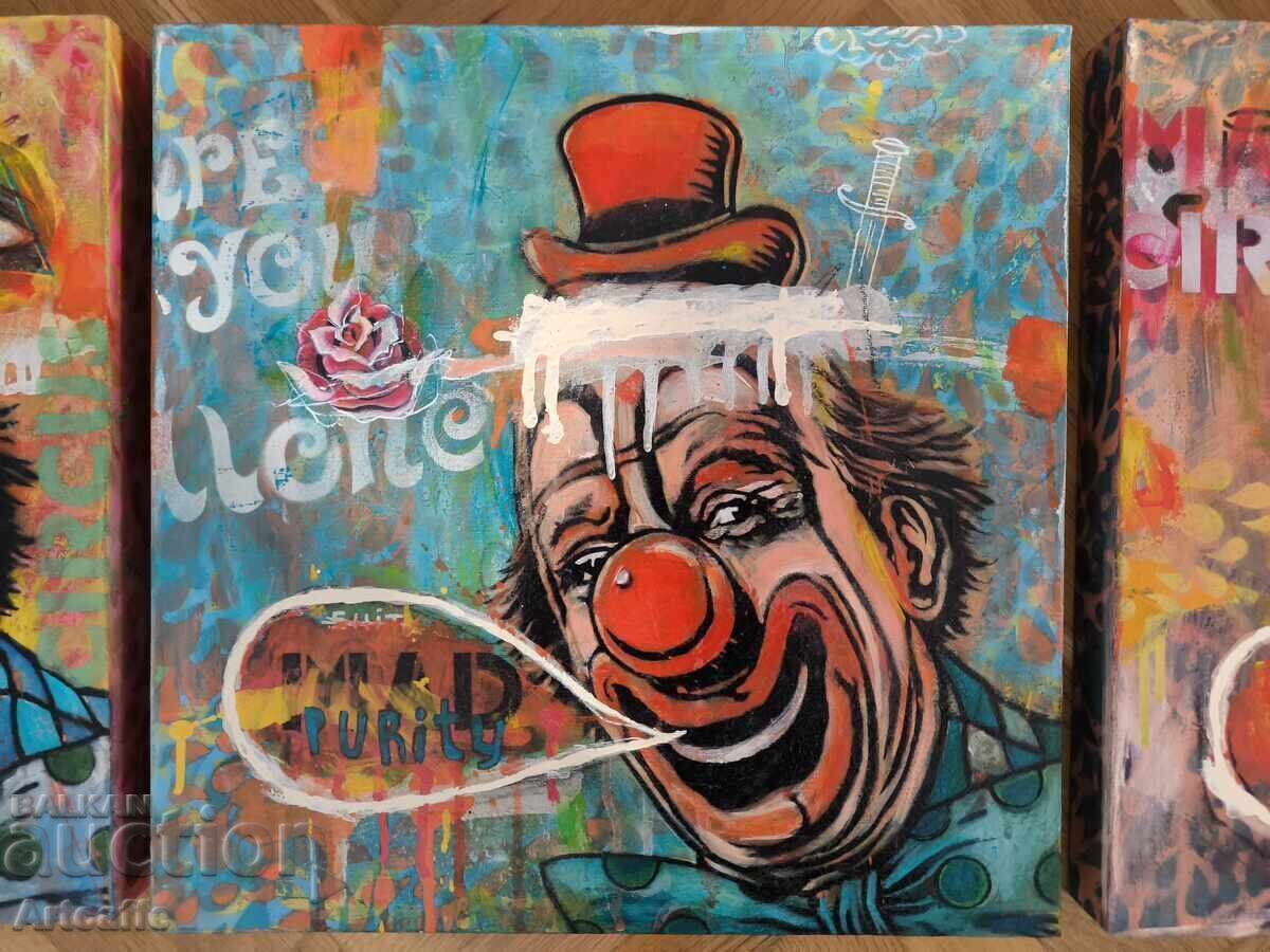 Edgar Gomez-triptych, oil on canvas, The Crazy Clown with price 1000.00 BGN | € 511.29 Edgar Gomez-triptych, oil on canvas, The Crazy Clown with price 1000.00 BGN | € 511.29