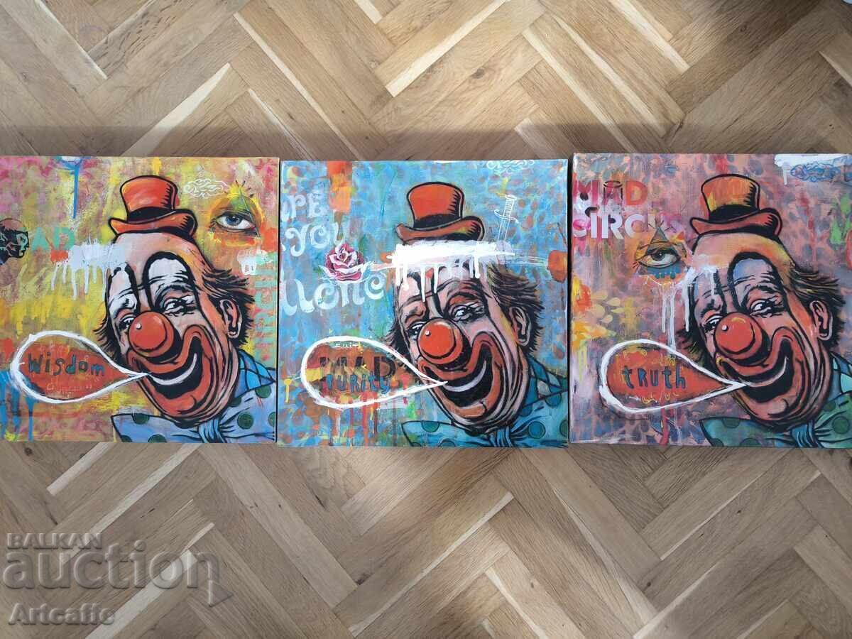 Edgar Gomez-triptych, oil on canvas, The Crazy Clown Edgar Gomez-triptych, oil on canvas, The Crazy Clown