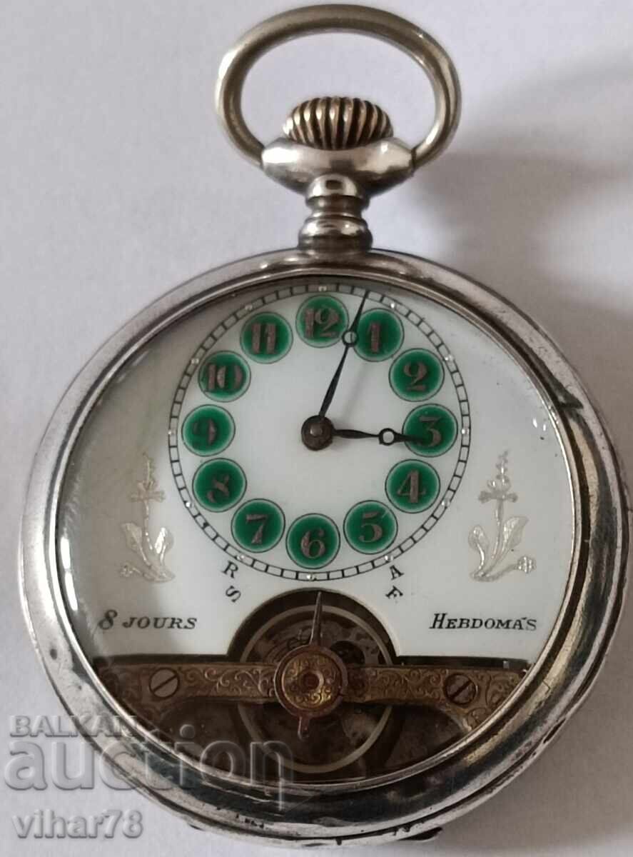 Рядък сребърен  седмечен джобен часовник-HEBDOMAS