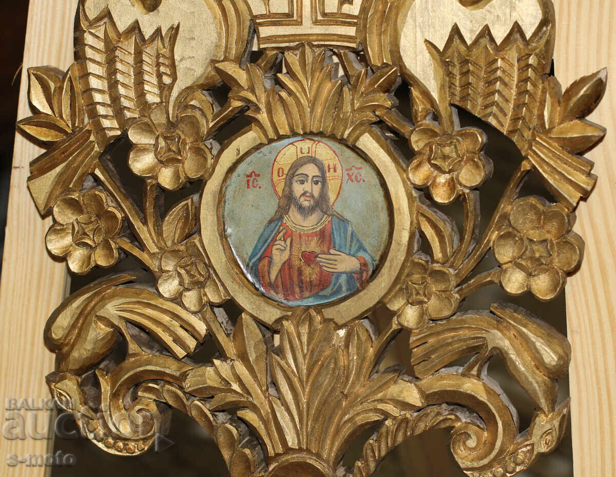 Icon Jesus Christ Immaculate Heart Tempera Woodcarving - 5 Icon Jesus Christ Immaculate Heart Tempera Woodcarving - 5