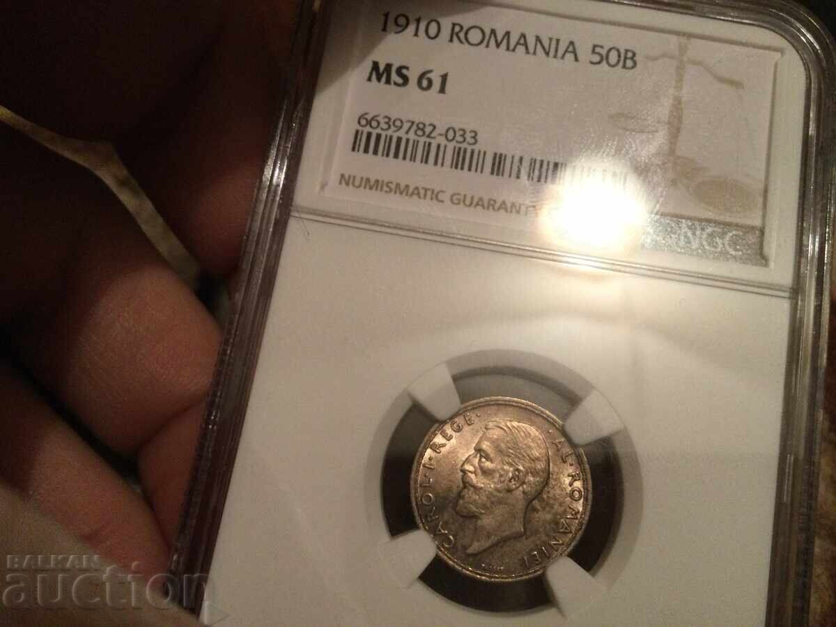 Auction  Romania 50 bani 1910 Carol I silver NGC MS 61