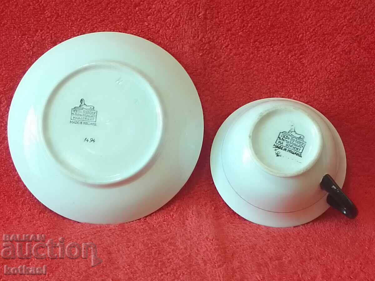 Old porcelain double set cup plate gilding HOLLAND - 5